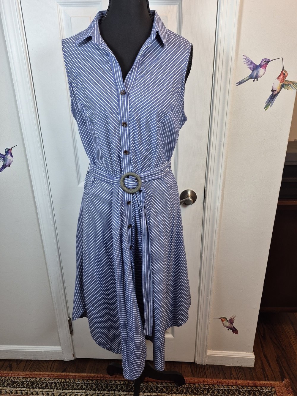 PerSeption Concept Striped Shirt Dress Sleeveless Midi Handkerchief Belted L